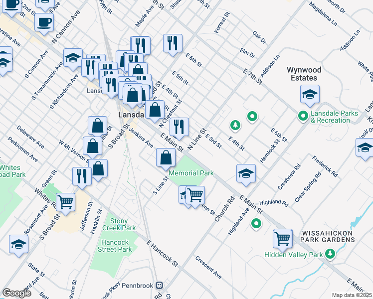 map of restaurants, bars, coffee shops, grocery stores, and more near 34 North Line Street in Lansdale
