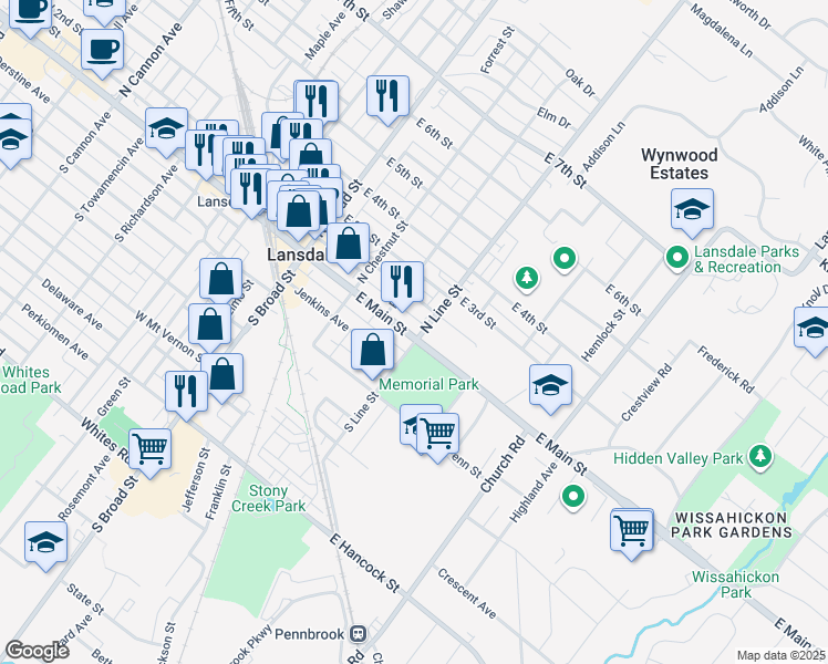 map of restaurants, bars, coffee shops, grocery stores, and more near 231 East Main Street in Lansdale