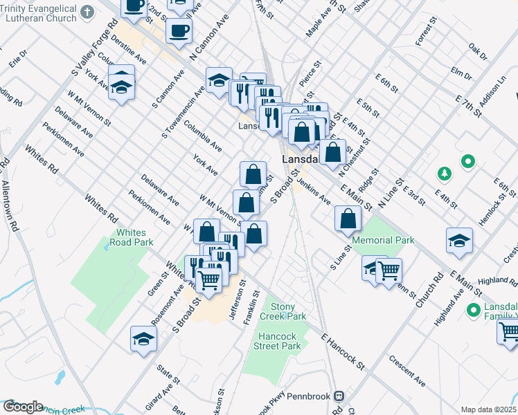 map of restaurants, bars, coffee shops, grocery stores, and more near 14 Lincoln Avenue in Lansdale