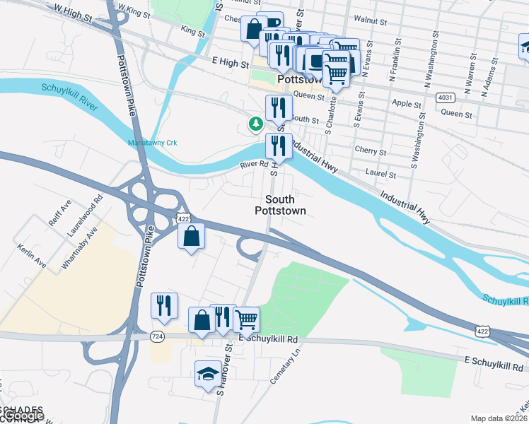 map of restaurants, bars, coffee shops, grocery stores, and more near 375 Coyne Alley in Pottstown