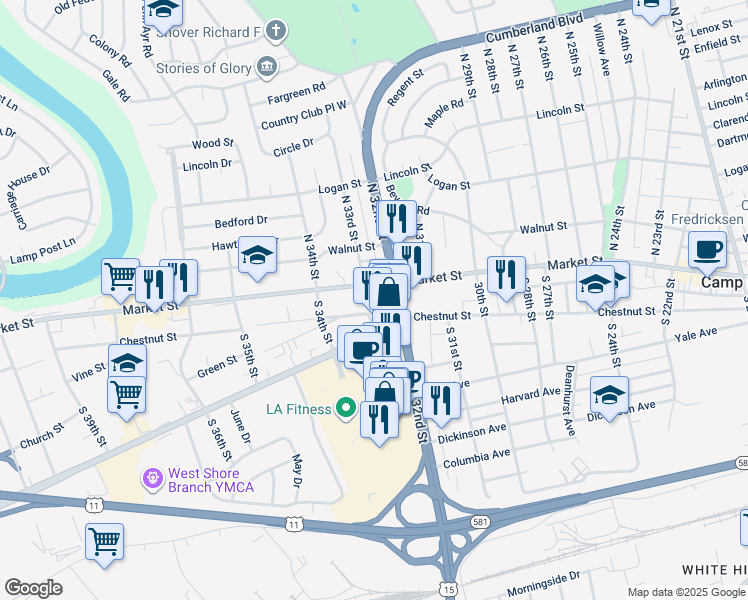 map of restaurants, bars, coffee shops, grocery stores, and more near 28 South 32nd Street in Camp Hill