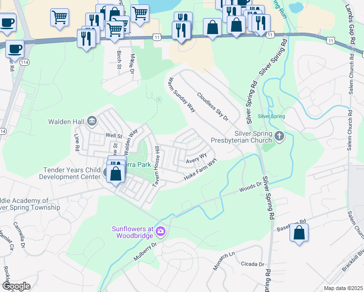 map of restaurants, bars, coffee shops, grocery stores, and more near 33 Meadow Creek Lane in Mechanicsburg