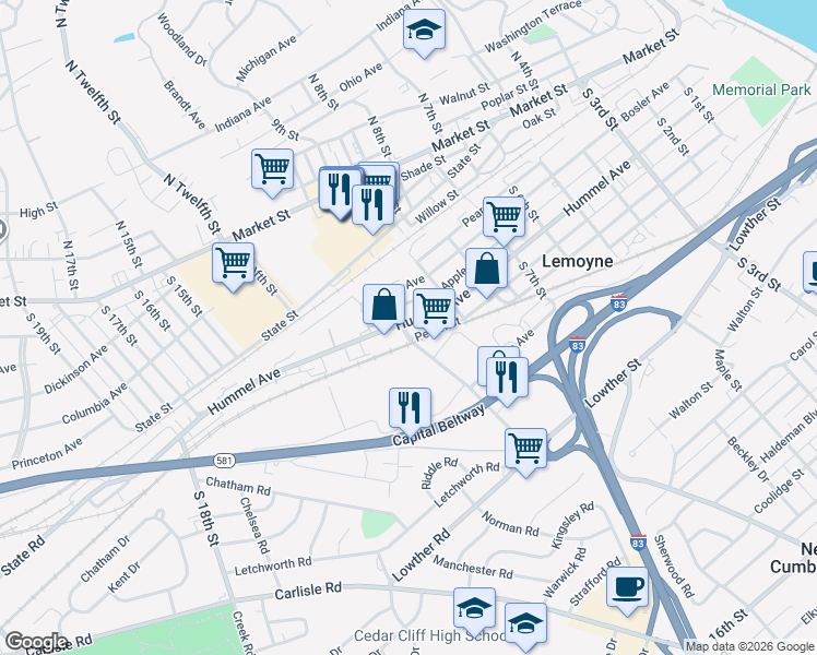 map of restaurants, bars, coffee shops, grocery stores, and more near 952 Hummel Avenue in Lemoyne