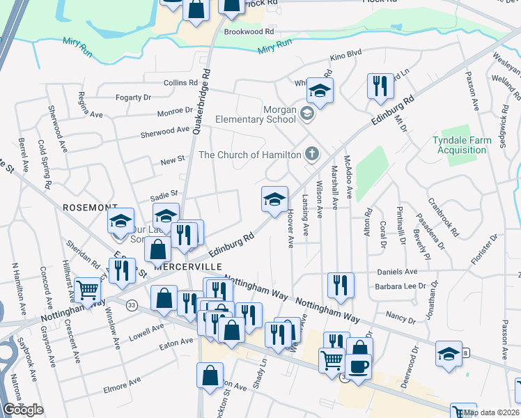 map of restaurants, bars, coffee shops, grocery stores, and more near 220 Edinburg Road in Hamilton Township