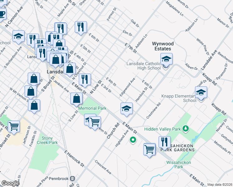 map of restaurants, bars, coffee shops, grocery stores, and more near 421 East Main Street in Lansdale