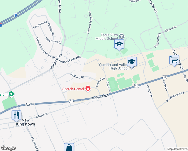 map of restaurants, bars, coffee shops, grocery stores, and more near 64 Ashburg Drive in Mechanicsburg