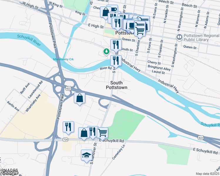 map of restaurants, bars, coffee shops, grocery stores, and more near 321 South Hanover Street in Pottstown
