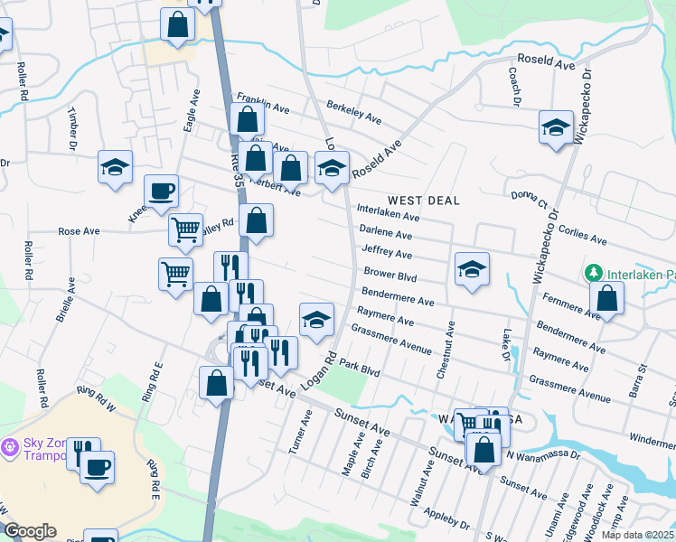 map of restaurants, bars, coffee shops, grocery stores, and more near 1805 Logan Road in Wanamassa