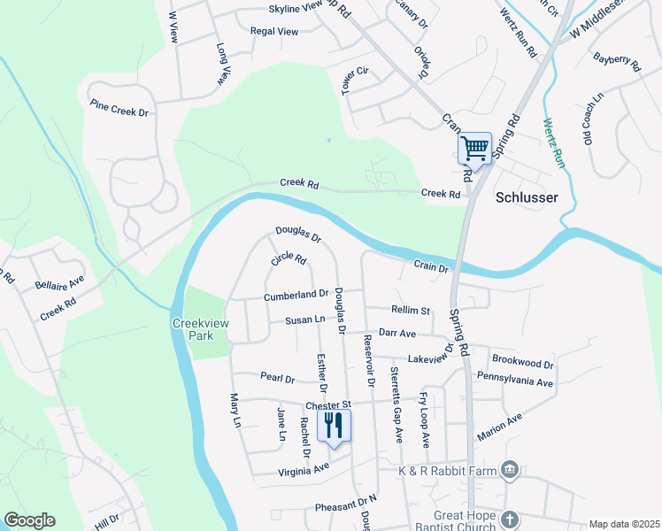 map of restaurants, bars, coffee shops, grocery stores, and more near 2110 Douglas Drive in Carlisle
