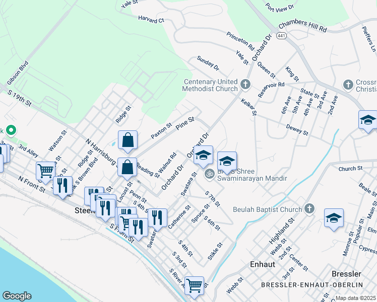 map of restaurants, bars, coffee shops, grocery stores, and more near 120 Reynders Street in Steelton