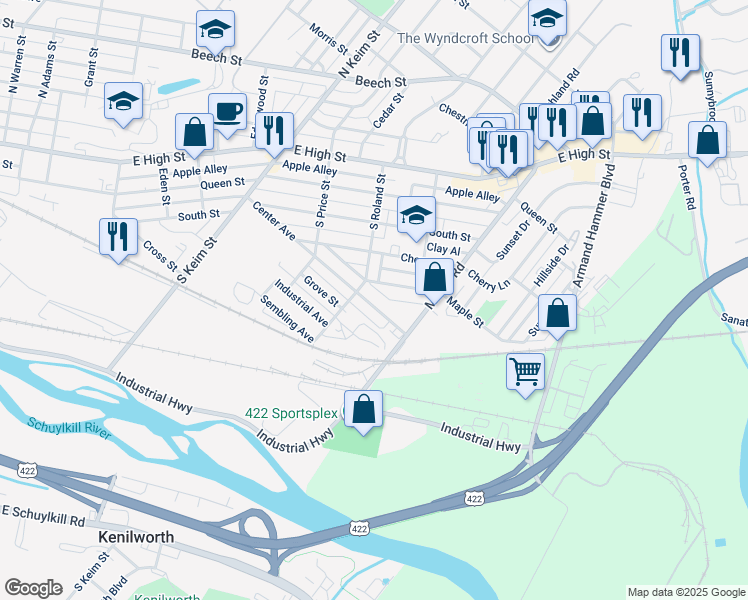 map of restaurants, bars, coffee shops, grocery stores, and more near 1221 Center Avenue in Pottstown