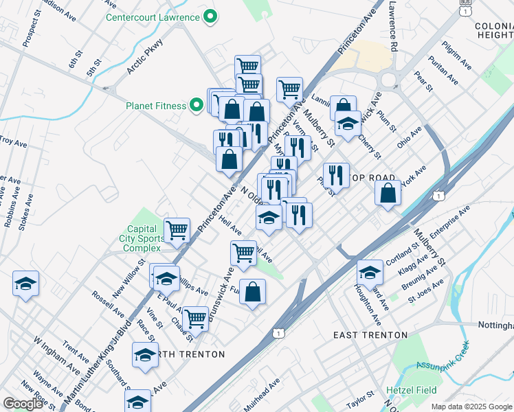 map of restaurants, bars, coffee shops, grocery stores, and more near 1229 North Olden Avenue in Trenton