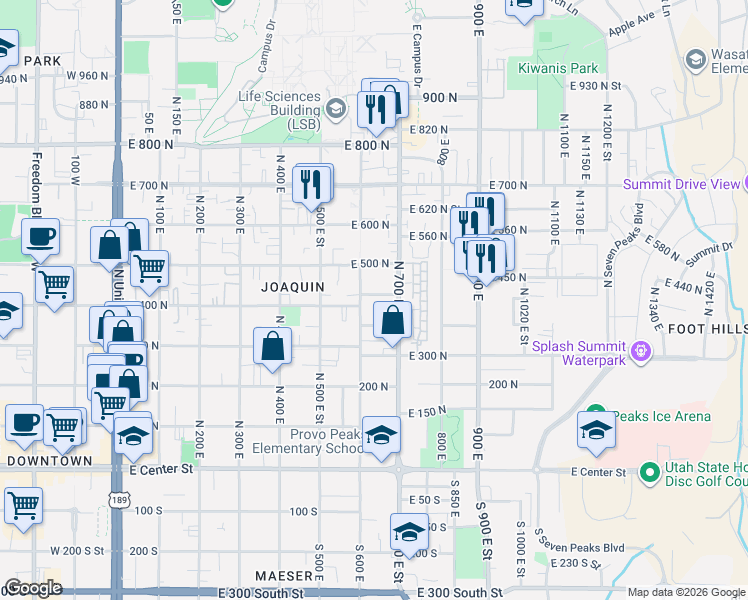 map of restaurants, bars, coffee shops, grocery stores, and more near 628 East 420 North Street in Provo