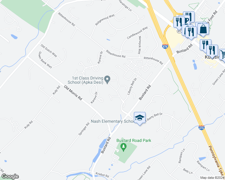 map of restaurants, bars, coffee shops, grocery stores, and more near 207 Bunker Hill Road in Harleysville