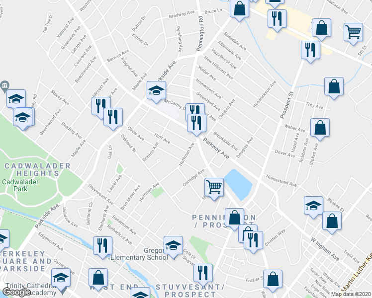 map of restaurants, bars, coffee shops, grocery stores, and more near 802 Hoffman Avenue in Trenton