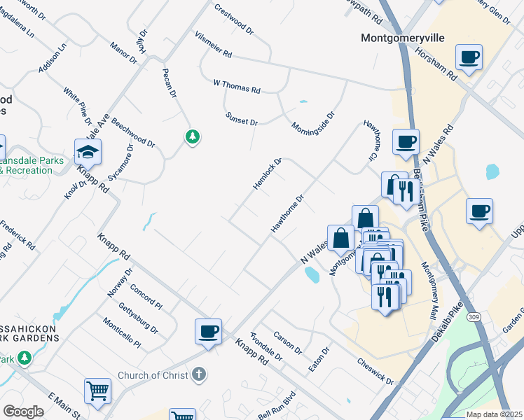 map of restaurants, bars, coffee shops, grocery stores, and more near 119 Hedgerow in North Wales