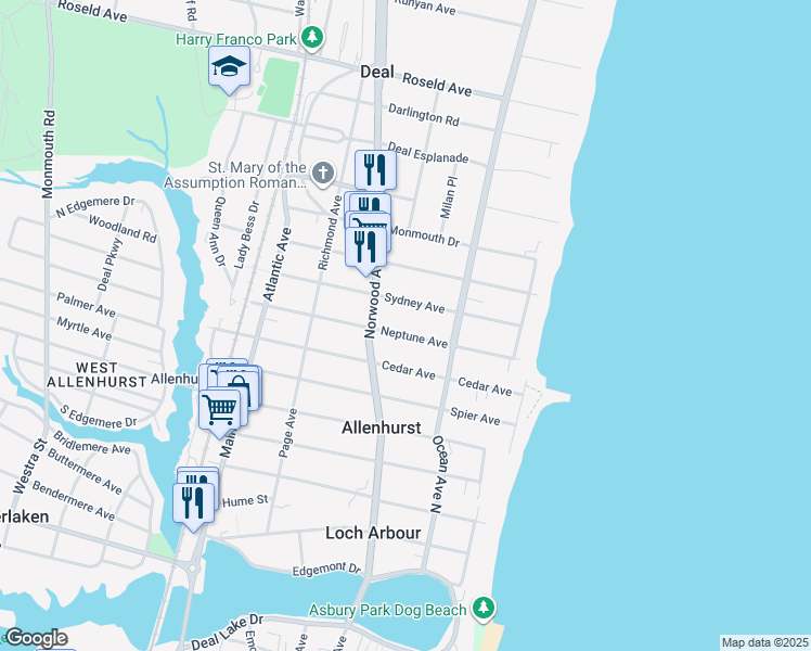 map of restaurants, bars, coffee shops, grocery stores, and more near 53 Neptune Avenue in Deal