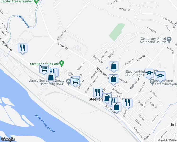 map of restaurants, bars, coffee shops, grocery stores, and more near 201 Lincoln Street in Harrisburg