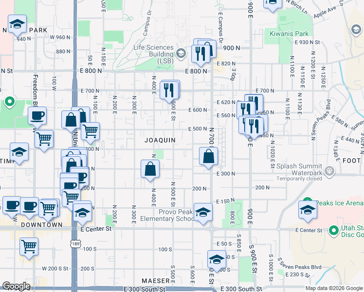 map of restaurants, bars, coffee shops, grocery stores, and more near 394 North 500 East in Provo