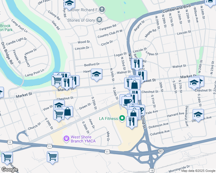 map of restaurants, bars, coffee shops, grocery stores, and more near 3437 Market Street in Camp Hill