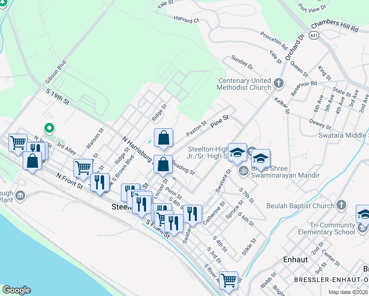 map of restaurants, bars, coffee shops, grocery stores, and more near 574 Pine Street in Steelton