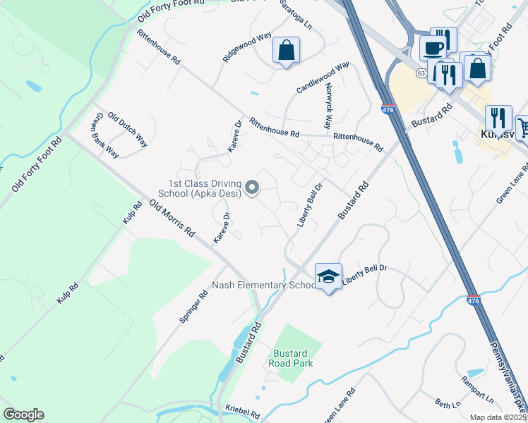 map of restaurants, bars, coffee shops, grocery stores, and more near 207 Bunker Hill Road in Harleysville