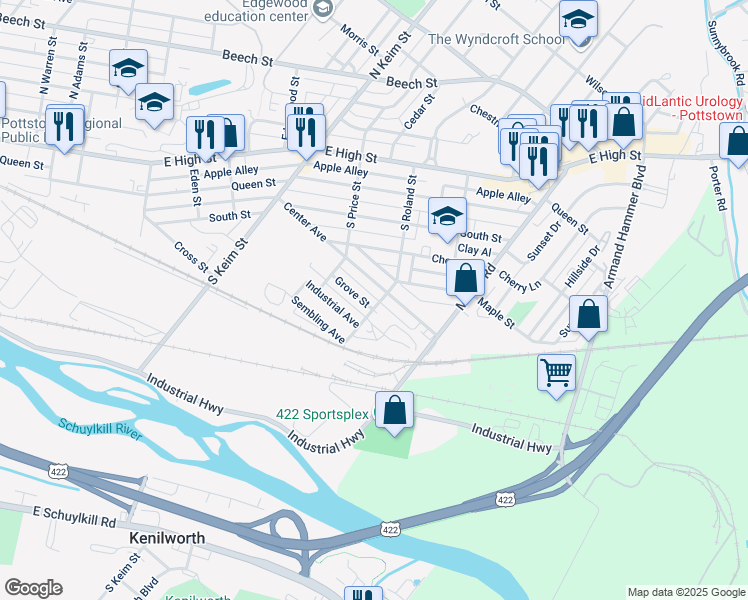 map of restaurants, bars, coffee shops, grocery stores, and more near 1162 Grove Street in Pottstown