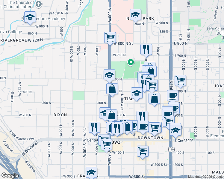 map of restaurants, bars, coffee shops, grocery stores, and more near 408 North 500 West Street in Provo