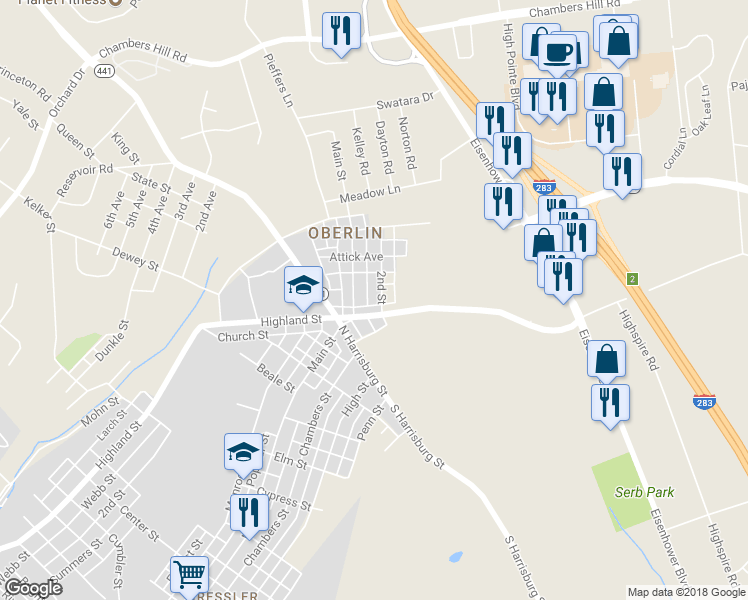 map of restaurants, bars, coffee shops, grocery stores, and more near 1225 2nd Street in Harrisburg