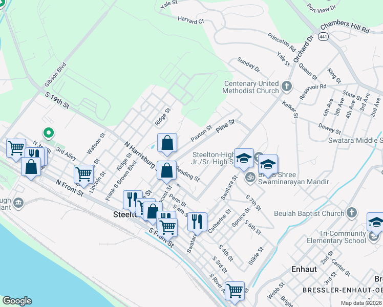map of restaurants, bars, coffee shops, grocery stores, and more near 574 Pine Street in Steelton