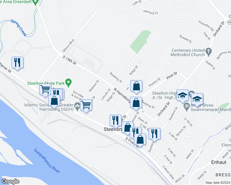 map of restaurants, bars, coffee shops, grocery stores, and more near 244 Ridge Street in Steelton