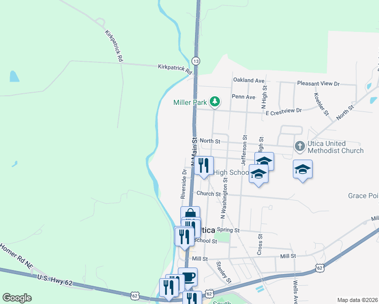 map of restaurants, bars, coffee shops, grocery stores, and more near 409 North Main Street in Utica