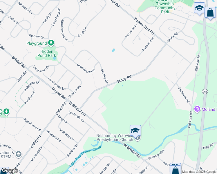 map of restaurants, bars, coffee shops, grocery stores, and more near 1549 Stony Road in Warminster