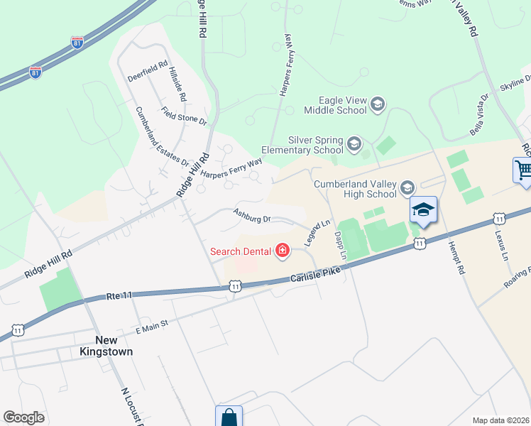 map of restaurants, bars, coffee shops, grocery stores, and more near 43 Ashburg Drive in Mechanicsburg