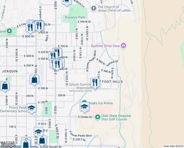map of restaurants, bars, coffee shops, grocery stores, and more near 392 North Seven Peaks Boulevard in Provo
