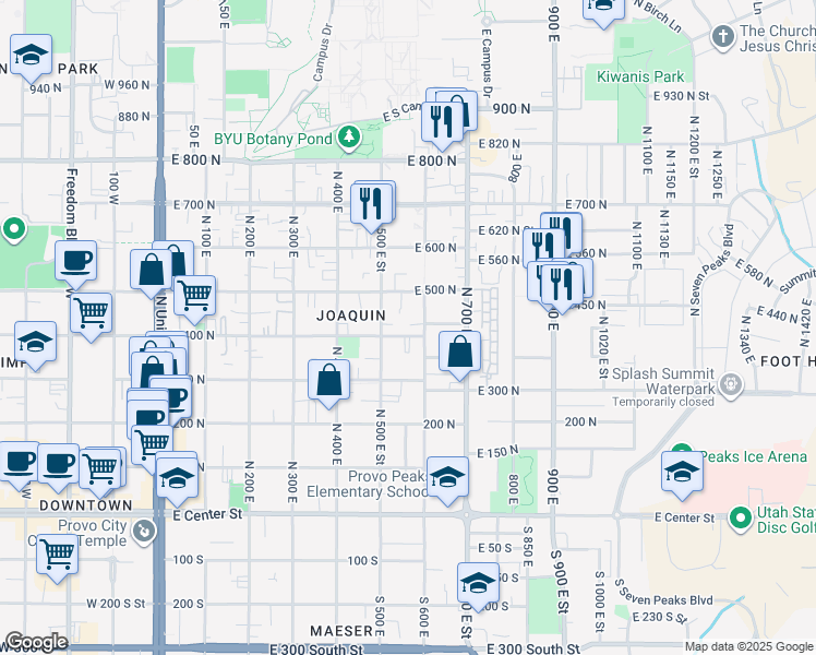 map of restaurants, bars, coffee shops, grocery stores, and more near 394 North 500 East in Provo