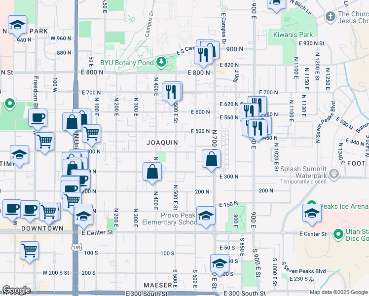 map of restaurants, bars, coffee shops, grocery stores, and more near 394 North 500 East in Provo