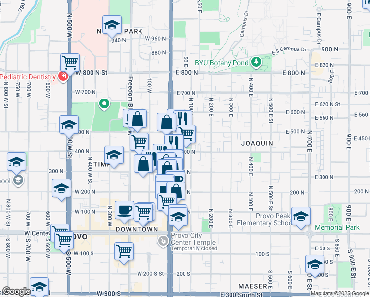 map of restaurants, bars, coffee shops, grocery stores, and more near 88 East 400 North in Provo