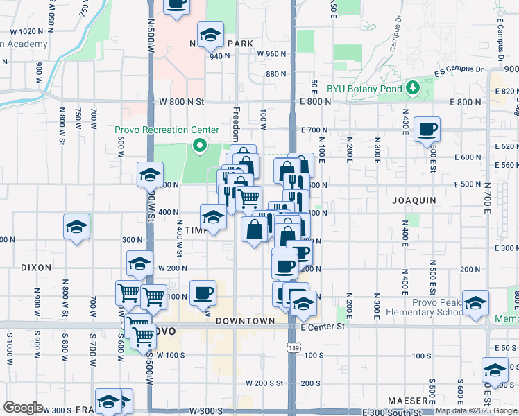 map of restaurants, bars, coffee shops, grocery stores, and more near 55 400 North in Provo