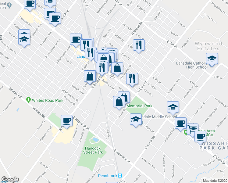 map of restaurants, bars, coffee shops, grocery stores, and more near 124 Jenkins Avenue in Lansdale