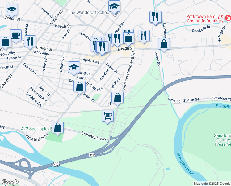map of restaurants, bars, coffee shops, grocery stores, and more near 125 Sunrise Drive in Pottstown