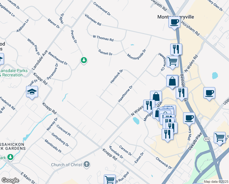 map of restaurants, bars, coffee shops, grocery stores, and more near 119 Hedgerow in North Wales