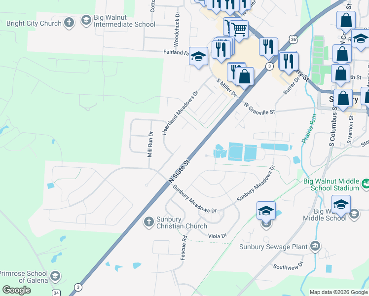 map of restaurants, bars, coffee shops, grocery stores, and more near 740 Foxcreek Road in Sunbury