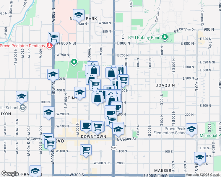map of restaurants, bars, coffee shops, grocery stores, and more near 409 North University Avenue in Provo