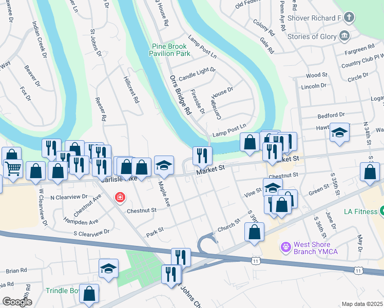 map of restaurants, bars, coffee shops, grocery stores, and more near 2 Stone Spring Lane in Camp Hill