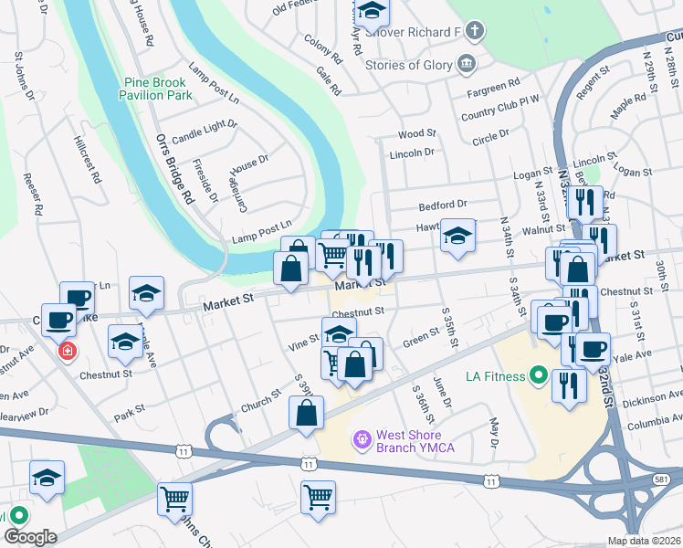 map of restaurants, bars, coffee shops, grocery stores, and more near 3700-3730 Market St in Camp Hill