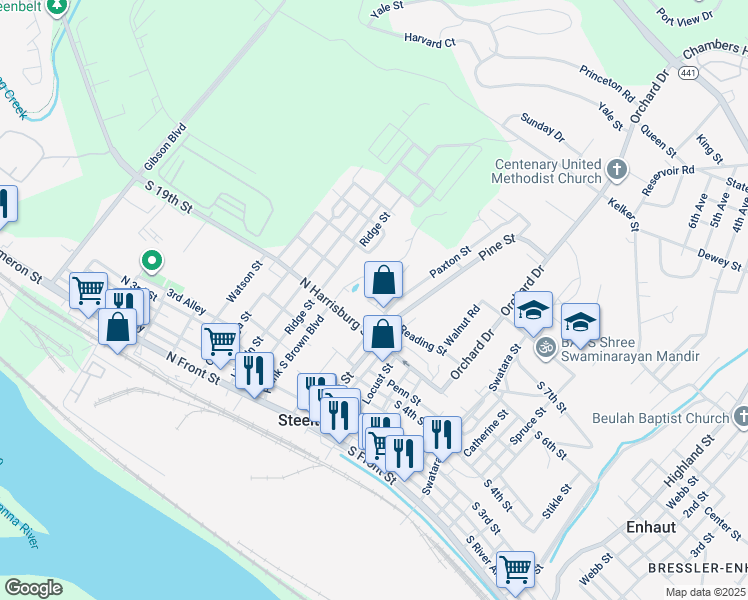 map of restaurants, bars, coffee shops, grocery stores, and more near 216 Reading Street in Steelton