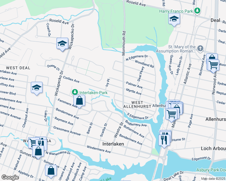 map of restaurants, bars, coffee shops, grocery stores, and more near 720 Corlies Avenue in Allenhurst