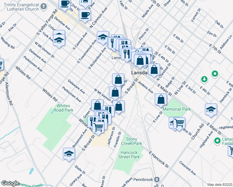 map of restaurants, bars, coffee shops, grocery stores, and more near 20 Lincoln Avenue in Lansdale
