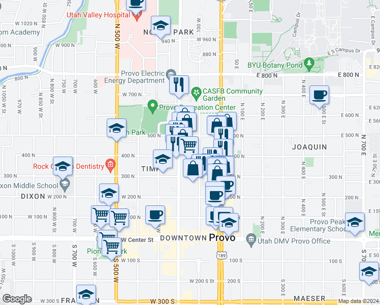 map of restaurants, bars, coffee shops, grocery stores, and more near 142 400 North in Provo